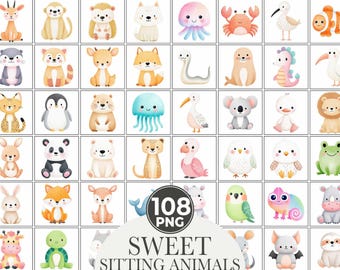 May include: A grid of watercolor illustrations of various animals, including a lion, fox, penguin, panda, and more. The animals are depicted in a sweet, sitting pose. The image includes the text "SWEET SITTING ANIMALS" and "108 PNG".