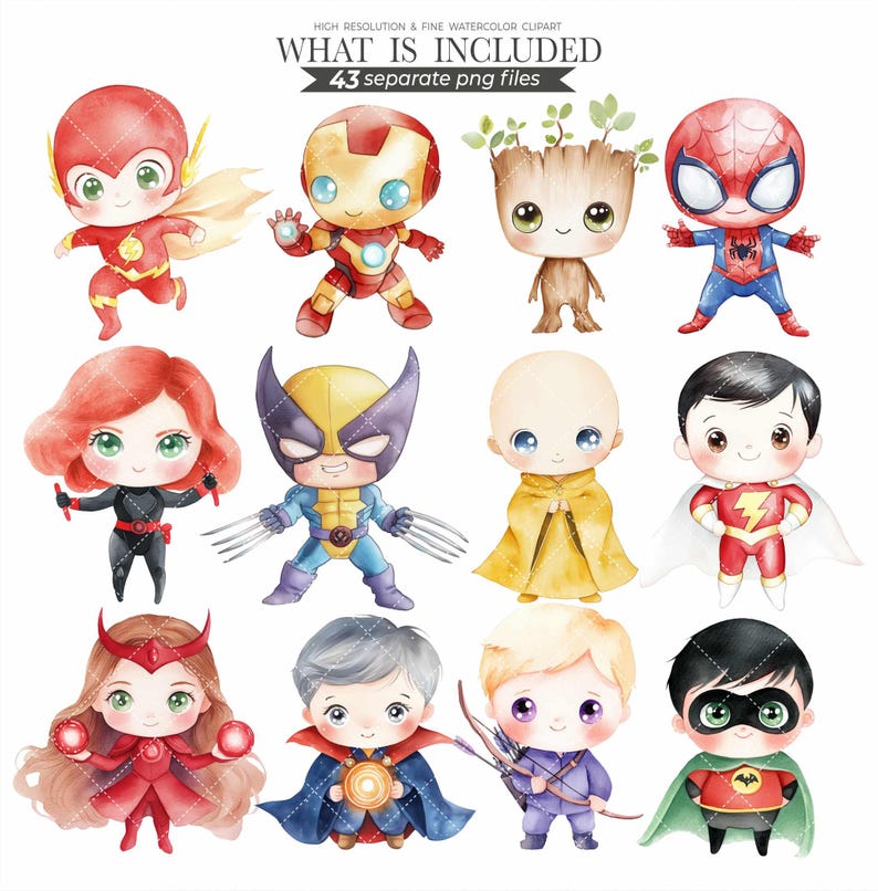 Instant download, Watercolor clipart, Arrowlanestudio, Commercial use, Kids png, Children's clipart, Cute kids clipart, Superhero clipart, Superhero Kids png, Cute superhero, Birthday Clipart, Super hero image, Watercolor superhero
