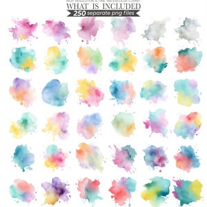 Watercolor splash illustration featuring vibrant, abstract splashes of color in shades of blue, pink, and yellow. Perfect for creative designs, digital art projects, or adding a bold, artistic touch to invitations, posters, and stationery.