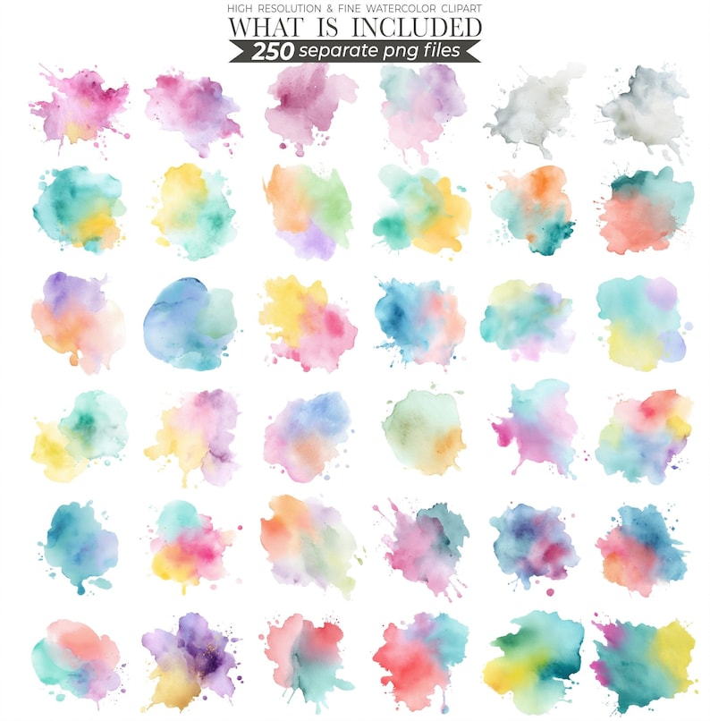 Watercolor splash illustration featuring vibrant, abstract splashes of color in shades of blue, pink, and yellow. Perfect for creative designs, digital art projects, or adding a bold, artistic touch to invitations, posters, and stationery.