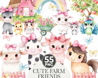 Watercolor Farm Clipart Set: Pink Barn, Animals (110 PNG Files) (Commercial Use) (Digital Download