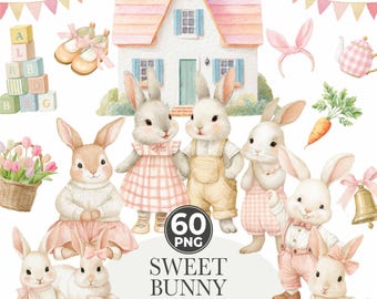 Pastel Bunny Nursery Clipart, Cute Watercolor Rabbits PNG, Baby Shower Animals, Soft Cottagecore Spring Clipart, Digital Download