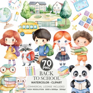 Pacote de clipart de volta às aulas, material escolar fofo para crianças, papelaria, animais escolares kawaii, professor, PNG, sublimação, clipart para uso comercial