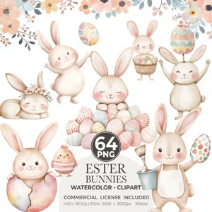 Clipart de Pascua en acuarela, clipart de Pascua campestre, canasta de Pascua, conejito de Pascua, clipart de primavera, clipart de primavera para guardería, clipart de conejitos de primavera