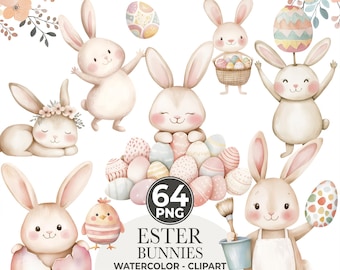 Watercolor Easter Clipart: Bunny & Eggs Bundle (PNG)