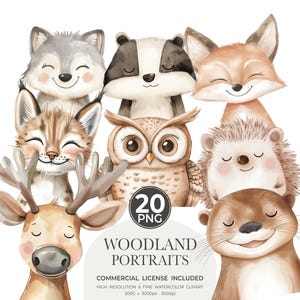 Retratos de floresta em aquarela clipart, animais fofos clipart, animais bebês, clipart de chá de bebê, berçário de floresta, animais da floresta boho