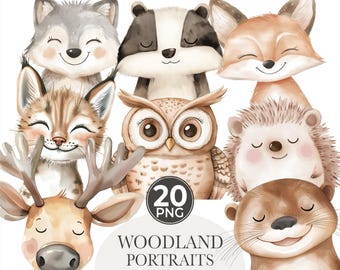 Clipart de animales del bosque en acuarela: Decoración para baby shower (PNG)