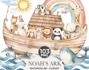 Noaks ark akvarell clipart, djurungar, barnrumsdekor