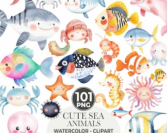 May include: A collection of watercolor clipart featuring various cute sea animals. The image includes a shark, fish, crabs, starfish, seahorse, and an octopus. The text reads "Cute Sea Animals, Watercolor - Clipart, 101 PNG".