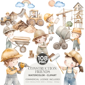 Clipart acquerello di costruzione, simpatico veicolo da costruzione per bambini, festa di compleanno per bambini, temi per asili nido, clipart carino di costruzione