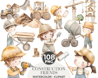 Construction Watercolor Clipart: Kids Vehicles, Nursery Themes (108 PNG)