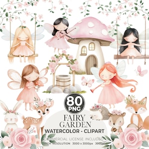 Clipart del giardino delle fate ad acquerello, PNG della principessa delle fate rosa, unicorno fantasy del bosco, simpatici animali della foresta, clipart magico, vivaio stravagante