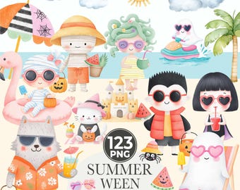 Summerween Clipart, Spooky Beach Ghosts, Watercolor PNG (Commercial Use)