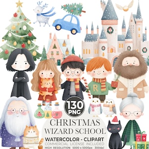 Puede incluir: Una colección de imágenes prediseñadas de acuarela con personajes y elementos navideños de la escuela de magos. Incluye ilustraciones de un castillo, personajes, un árbol de Navidad, un coche con un árbol y el texto "CHRISTMAS WIZARD SCHOOL".