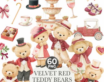 Watercolor Romantic Classics Teddy Bears Clipart, Valentine's Day Clipart, Cute Bears PNG, Love Clipart, Baby Shower, Nursery PNG, Digital