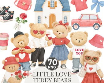 Watercolor Valentine Teddy Bears Clipart, Cute Watercolor Love Bear PNG, Romantic Nursery Clipart, Baby Shower, Digital Download
