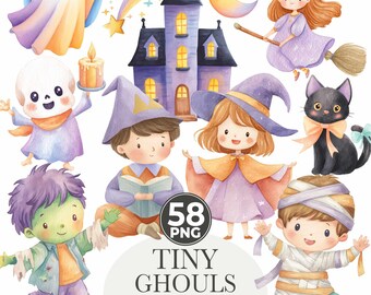 Cute Halloween Clipart - Watercolor - Kawaii Png - Ghost - Frankenstein - Vampire - Halloween Png - Kid's Clipart Bundle - Commercial Use