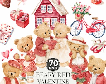 Red Valentine Teddy Bears Clipart, Cute Watercolor Love Bear PNGs, Romantic Nursery Clip Art, Baby Shower, Digital Download