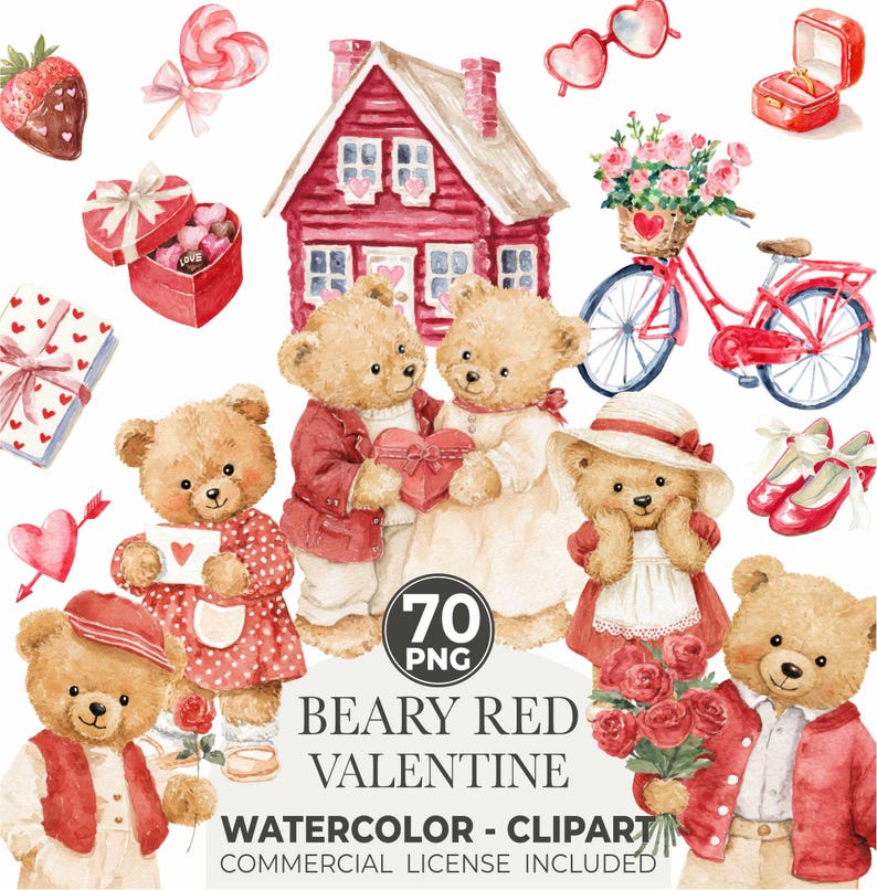 Red Valentine Teddy Bears Clipart, Cute Watercolor Love Bear Pngs ...
