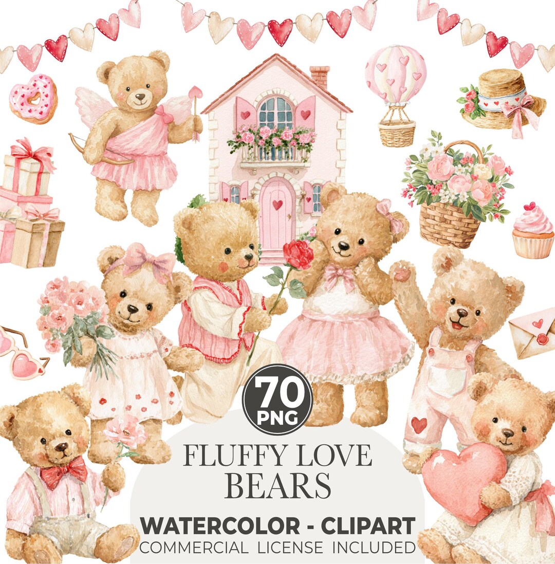 Pastel Valentine Teddy Bears Clipart, Cute Watercolor Love Bear PNG ...