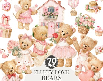 Pastel Valentine Teddy Bears Clipart, Cute Watercolor Love Bear PNG, Romantic Nursery Clipart, Baby Shower, Digital Download