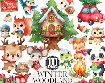 Clipart kerstdieren aquarel: Winter Woodland png-bundel (digitale download)