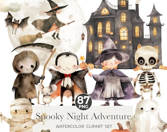 Watercolor Halloween Clipart – Witch, Pumpkin, Monster (Commercial License)