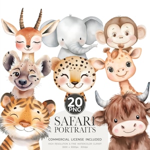 Imágenes prediseñadas de retratos de safari en acuarela, imágenes prediseñadas de animales lindos, animales bebés, imágenes prediseñadas de baby shower, guardería de safari, animales tropicales boho