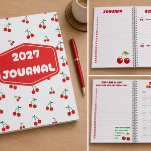 Può includere: Un diario A4 con rilegatura a spirale bianco, caratterizzato da un motivo a ciliegie rosse e un'etichetta centrale rossa con il testo 2027 JOURNAL. Le pagine interne includono sezioni per compleanni, gratitudine quotidiana e risparmi.