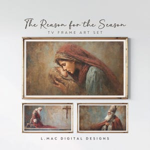 May include: A framed art set featuring three religious paintings. The top frame displays a mother and child, while the bottom frames show religious figures. The text "The Reason for the Season" and "TV FRAME ART SET" are visible.