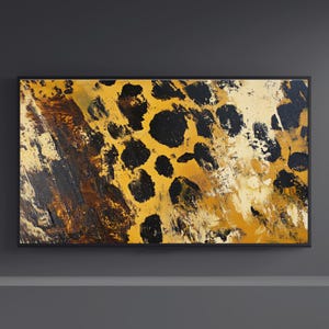 Puede incluir: Pintura abstracta de un estampado de leopardo en tonos de amarillo, marr&oacute;n y negro. La pintura tiene un efecto texturizado, de pinceladas.