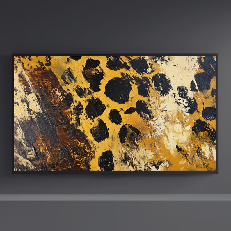 Puede incluir: Pintura abstracta de un estampado de leopardo en tonos de amarillo, marr&oacute;n y negro. La pintura tiene un efecto texturizado, de pinceladas.