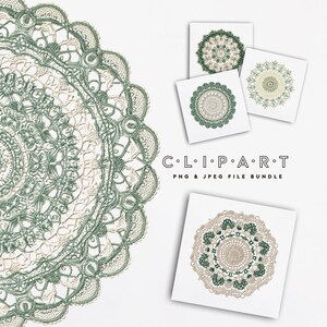 Puede incluir: Se muestra un gran y detallado tapete verde y crema con un borde festoneado, junto con cuatro diseños similares más pequeños sobre cuadrados blancos. El texto "C.L.I.P.A.R.T PNG & JPEG FILE BUNDLE" se muestra debajo.