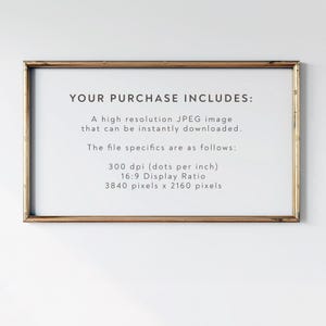 Puede incluir: Un cartel enmarcado en dorado con el texto "YOUR PURCHASE INCLUDES:" y detalles sobre una imagen JPEG de alta resoluci&oacute;n, incluyendo la resoluci&oacute;n, DPI y la relaci&oacute;n de aspecto.