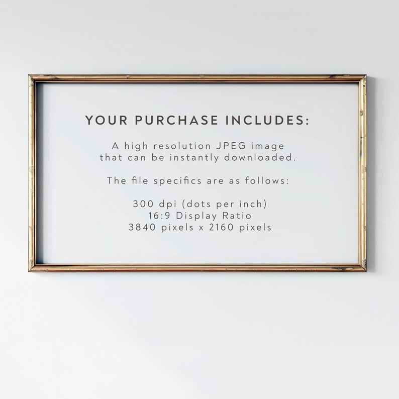 Puede incluir: Un cartel enmarcado en dorado con el texto "YOUR PURCHASE INCLUDES:" y detalles sobre una imagen JPEG de alta resoluci&oacute;n, incluyendo la resoluci&oacute;n, DPI y la relaci&oacute;n de aspecto.