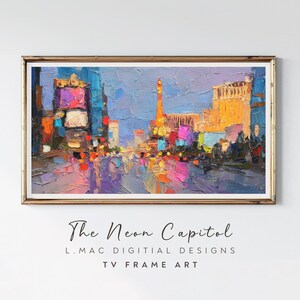 May include: An impressionistic painting of a city at night, with vibrant neon lights reflecting on a wet street. The artwork, titled "The Neon Capitol," features a gold frame and a textured, colorful cityscape.