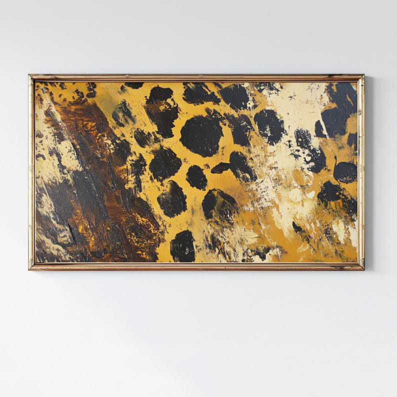 Puede incluir: Una pintura abstracta enmarcada con un esquema de color amarillo, marr&oacute;n y negro. La pintura representa un patr&oacute;n de estampado de leopardo.
