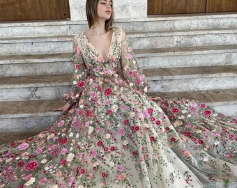 Luxury Embroidery Long Evening Dresses Garden Floral Vintage Formal Prom Dress for Women Wedding Party