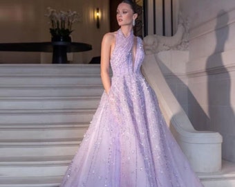 Luxury Beaded Dubai Lilac Evening Dresses for Women Wedding Party  Elegant Long Arabic Prom Formal Gown