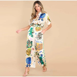 Women 2 Piece Set Graffiti Print Summer Short Sleeve Top Wide Leg Straight Pant Sets Casual Loose Female Suit