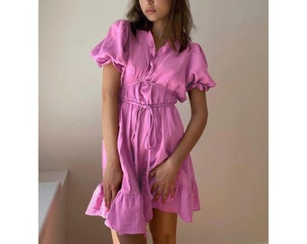 Summer Loose Pink Cotton Women Dress 2024 Fashion V-Neck Short Sleeve Mini Dresses Elegant Lace-Up Pleated Female Dress