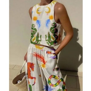 New Sleeveless Tank Top And Pants Two Piece Set Fashion Casual Cotton Vacation Printed Suit Chic Holiday Beach