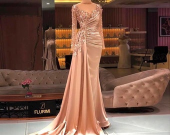 Rose Gold Mermaid Arabic Evening Dresses Long Sleeve Luxury Dubai Muslim Formal Dress for Women Wedding Party