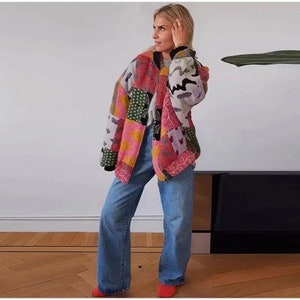Women's patchwork cotton jacket, long sleeve, zipper, solid colors, vintage, chic, autumn, winter