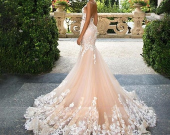 Sexy Mermaid Wedding Dresses For Women 2024 3D Flowers Illusion Appliques Backless Bride Gowns