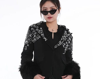 Women's Blazer Irregular Rhinestone Single Button Feather Spliced Sleeve Black Suit Jackets Autumn 2024