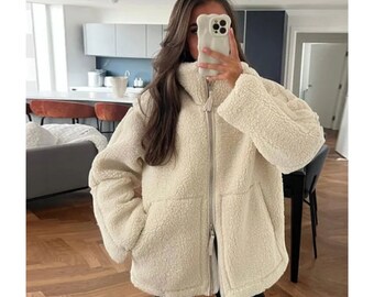 Oversized Zip-through Lambswool Jackets Women Fake Fur Stand Collar Long Sleeve Warm Coat Autumn Winter Female Outerwear