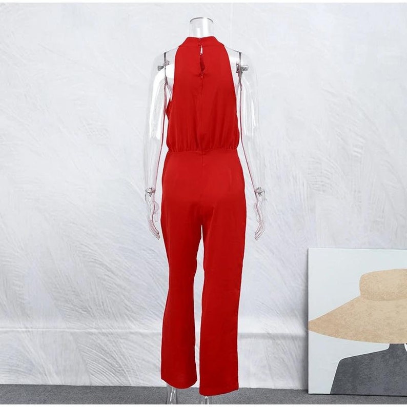 Eleganter, einfarbiger Jumpsuit für Damen mit hoher Taille und weitem Bein, schicker, hängender Hals, ärmellos, schmales Set, Sommer-Ferienmode-Outfit für Damen Bild 6