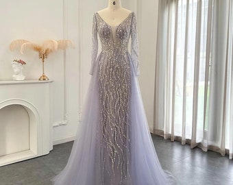 Arabic Lilac Mermaid Overskirt Evening Dresses Luxury Dubai Long Sleeves Women Wedding Guest Party Gowns