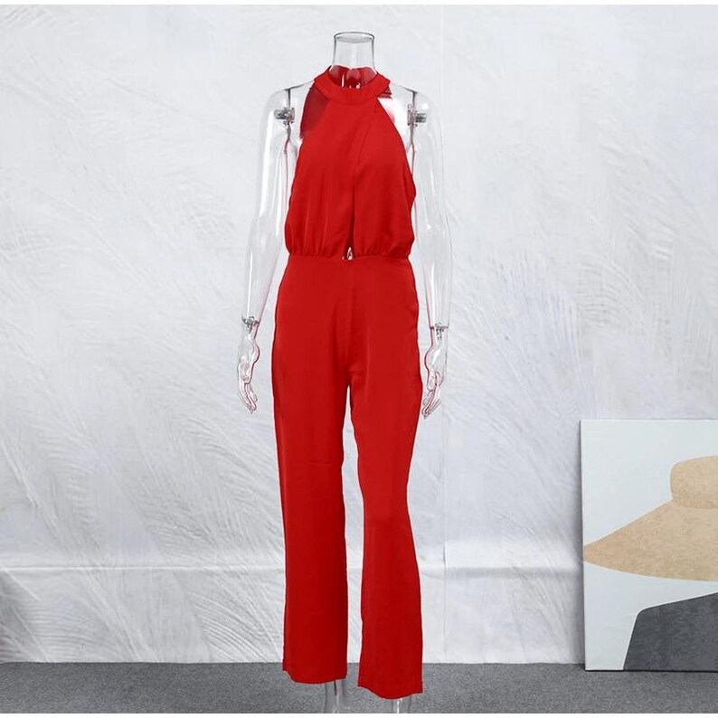 Eleganter, einfarbiger Jumpsuit für Damen mit hoher Taille und weitem Bein, schicker, hängender Hals, ärmellos, schmales Set, Sommer-Ferienmode-Outfit für Damen Bild 5